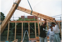 ②外回りがある程度建つと１番大事な八寸角の桧の大黒柱を胴差しを差した状態でクレーンで吊って建てます。